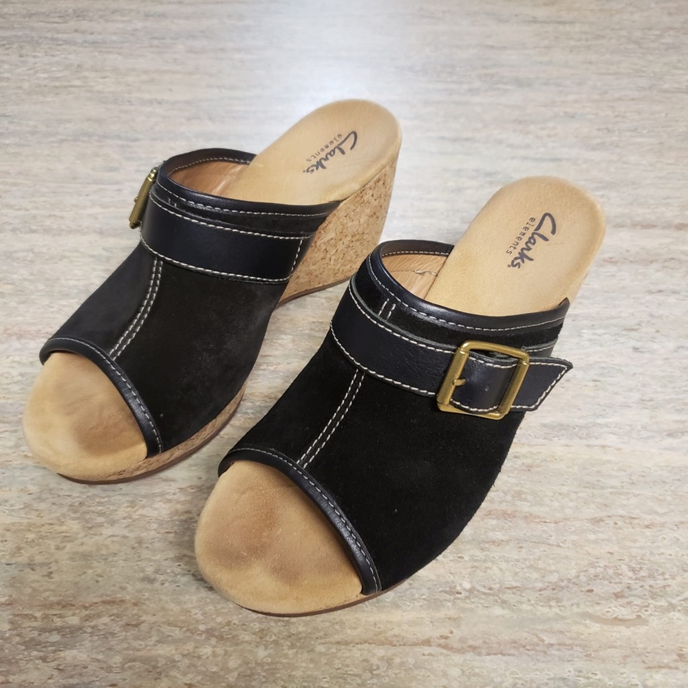 Clarks suede and leather slide on wedge sandals